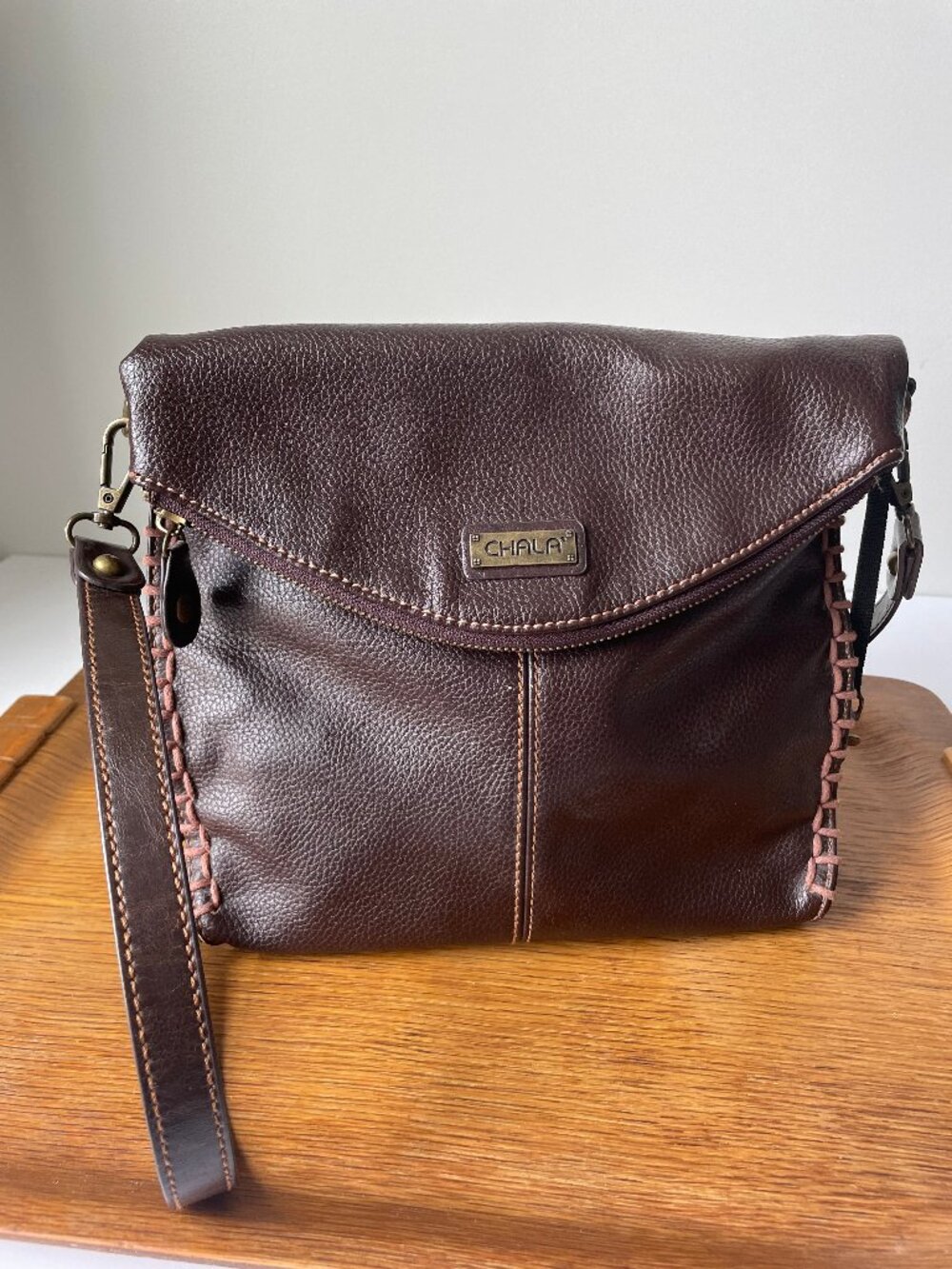 Brown Vegan Leather Whipstitch Saddle Bag Western Crossbody Flap Purse Chala